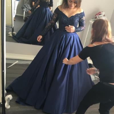 Prom Dresses,Evening Dress,New Arrival Prom Dress,Modest Prom Dress,Long Sleeves Navy Blue off the shoulder Ball Gowns Prom Dresses Lace Appliques Evening Gowns 2017
