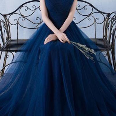 Dark blue tulle organza off-shoulder A-line long prom dresses,evening dress for graduation