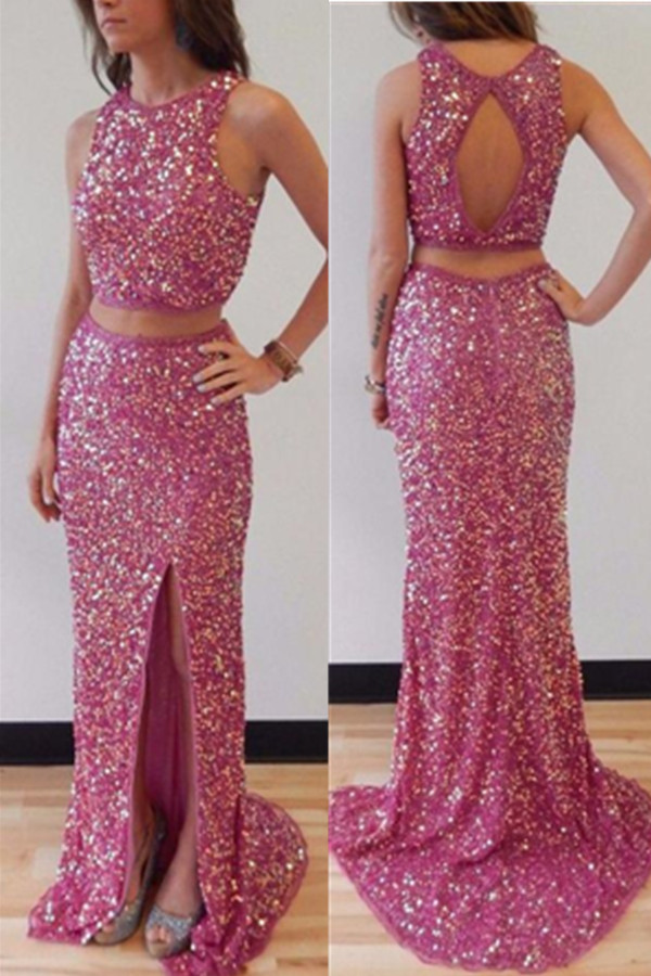 Purple Sequin Open Back Prom Dresses