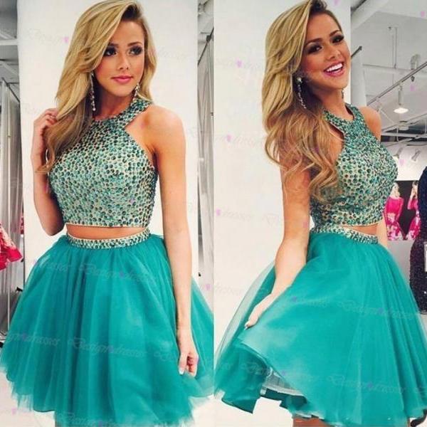 Halter Beaded Two-Piece Short Prom Dress, Homecoming Dress, Party Dress ...